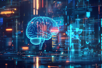 Digital brain with holographic data and graphs overlaying it