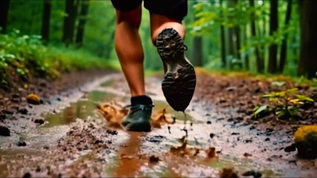 close-up of a trail runner's feet splashing through mud as they charge down a rainy forest path, showcasing an energetic display of outdoor athleticism.