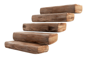 Wooden steps made of rectangular timber, isolated on a transparent background. Set of five wooden stair treads in ascending arrangement.