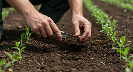 Close up of hands planting seeds in a garden