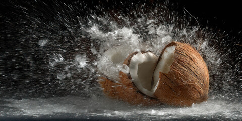 Exploded Coconut with Water and Fiber Spatter