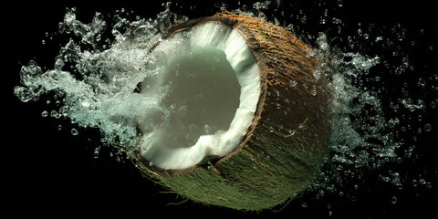 Halved Coconut Submerged in Water with Splash