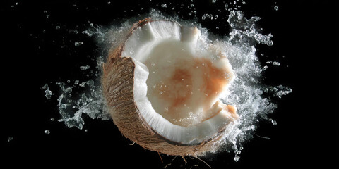 Halved Coconut in Water Splash