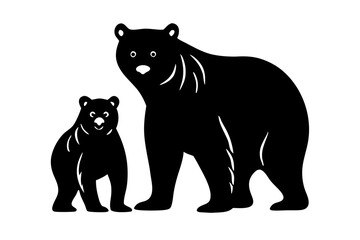 Fototapeta premium Bear family silhouette design with cub standing together in wild nature, bear, bear cub, silhouette, wildlife, nature, vector, animal, mammal, wild, standing, forest, wilderness, family, design