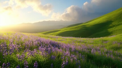 Fototapeta premium Vibrant green hills under soft sunlight, peaceful landscape with blooming flowers, ideal for nature-themed projects and relaxation.