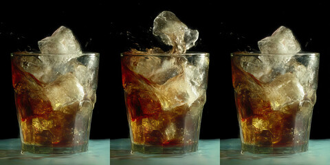 Three Glasses of Cola with Ice Cubes:  Stages of Ice Addition