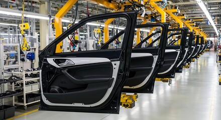 Modern Automotive Manufacturing Plant: Car Doors on Conveyor Belt in Assembly Line