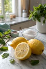 Sliced lemons on a kitchen table, bursting with citrus aroma and bright yellow color. Fresh, zesty, and energizing visual of natural flavor