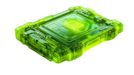 Sci-fi green glowing technology box isometric view. cut out transparent