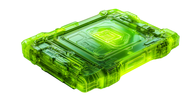 Sci-fi green glowing technology box isometric view. cut out transparent
