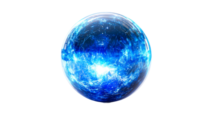 Blue glowing energy sphere with lightning sparks effect. cut out transparent