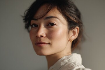 Fototapeta premium portrait of individual with blurred background evoke asian-inspired minimalism clean aesthetic ample copy space