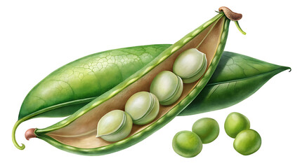 Fresh Green Peas in Open Pod with Extra Peas Isolated on transparent Background Detailed Illustration