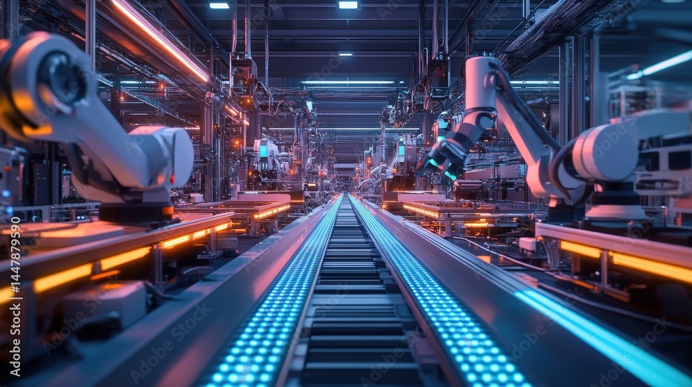 Poster a smart factory with automated robots managing data flow for optimized industrial production.