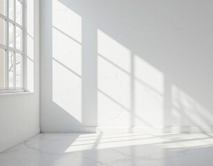 Obraz premium Empty room with sunlight streaming through a large window, casting clear shadows.