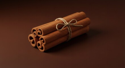 Close-up shot of a bundle of fresh cinnamon sticks tied with natural twine.