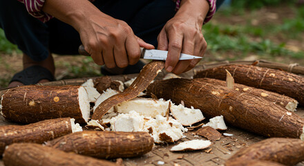 Close up view of cassava root peeling and cutting process