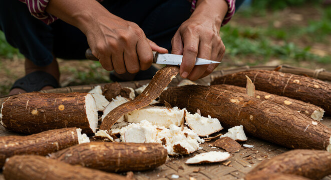 Close up view of cassava root peeling and cutting process