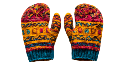 Pair of colorful knit woolen mittens with pattern designs. cut out transparent