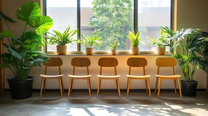 Fototapeta premium Sunlight streams into a waiting area filled with potted plants and wooden chairs