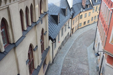 Streets and houses in the center of the old town in Stockholm, Sweden.