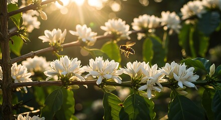 Honeybee Pollinating Coffee Blossoms at Sunset