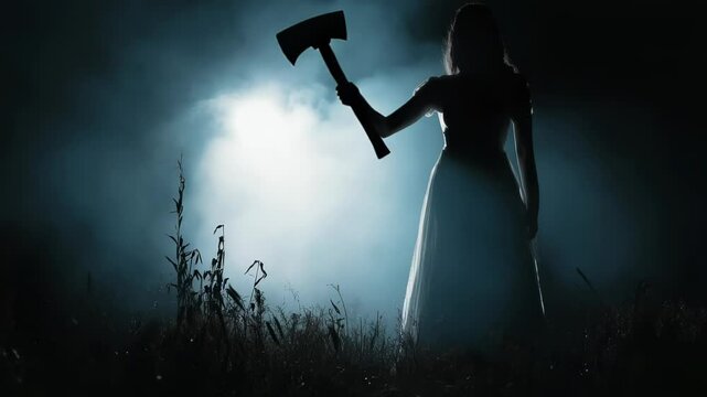 Silhouette of a scary woman in a white dress with an axe. Halloween, horror, nightmare, fear and horror concept