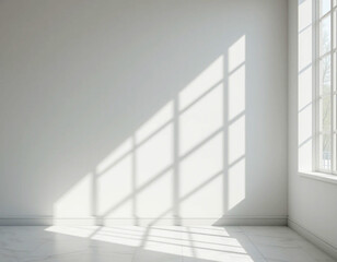 Obraz premium Geometric window shadow pattern with clear sunlight in a quiet room.