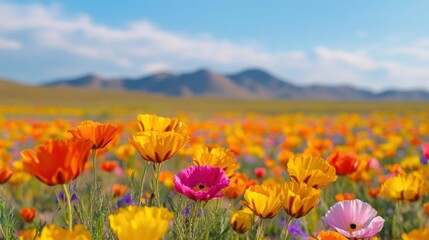 Vibrant floral landscape, colorful wildflowers blooming in a sunny meadow, natural beauty ideal for nature lovers and relaxation.