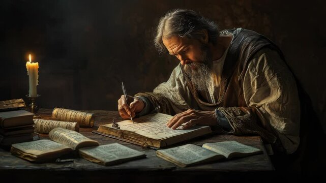 Apostle Matthew writing the Gospel at a wooden table, scattered scrolls and ink, soft candlelight creating dramatic shadows, detailed and introspective composition