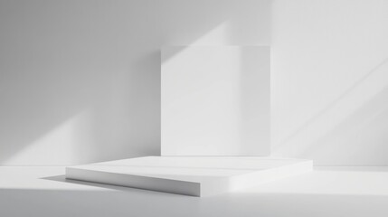 Fototapeta premium Minimalist interior scene, bright white space with geometric shapes casting shadows, ideal for modern design themes.