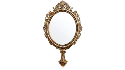 Antique gold handheld mirror with elaborate ornamentation. cut out transparent