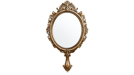 Antique gold handheld mirror with elaborate ornamentation. cut out transparent