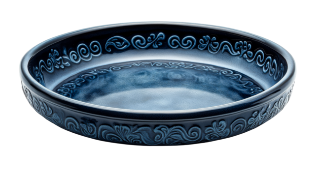 Blue ceramic bowl with ornate spiral floral edge design, empty, cut out transparent