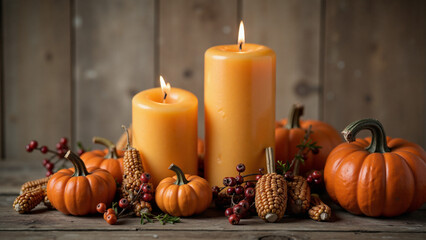Autumn Harvest Still Life with Candles and Pumpkins
