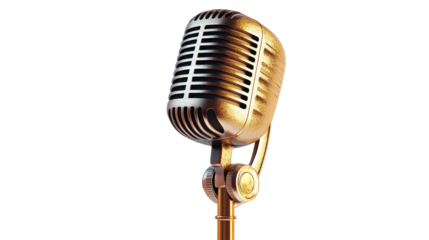 Vintage microphone on stand, studio vocal device with shiny surface. cut out transparent