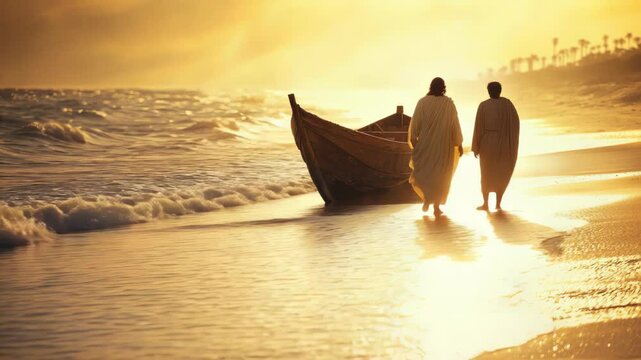 Jesus walking along the beach, calling James and John from their fishing boat, soft light illuminating the waves, emotional and realistic composition