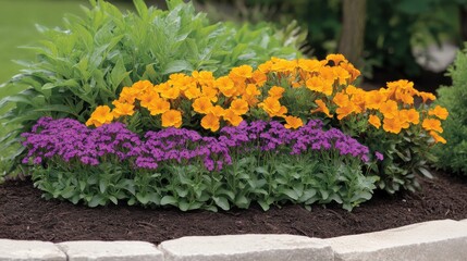 Vibrant flower bed showcasing orange marigolds and purple petunias, lush greenery surrounding, ideal for garden design inspiration.