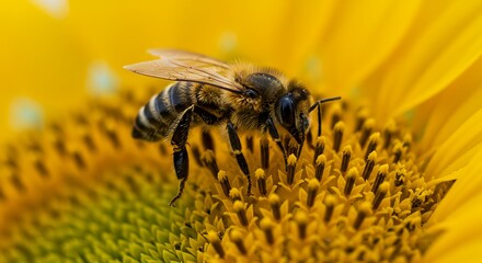 Honeybee Pollinating Sunflower Close-Up