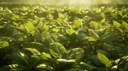 Lush tobacco plants bathed in morning sunlight.