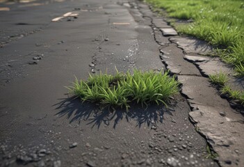 Vibrant green grass sprouts from a weathered asphalt crack ,  detail,  life