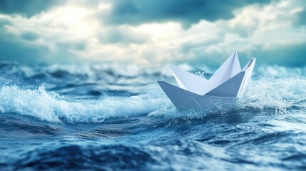 Paper ship afloat in turbulent seas