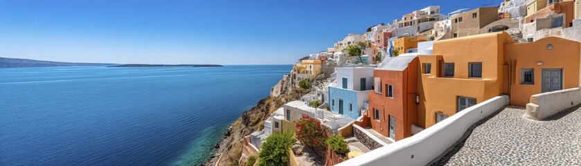 Fototapeta premium Stunning vista of Oia, Santorini's cliffside village Azure sea, vibrant sky, traditional architecture - cyclades buildings greece sunset