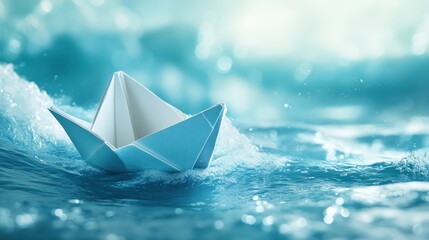 Paper boat sailing on turquoise waves.  A delicate origami boat navigating a gentle sea.  Soft light and focus on the boat in motion