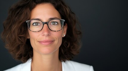 Fototapeta premium Confident woman smiling, middle-aged with curly hair and glasses, casual setting, ideal for professional profiles or success themes.