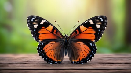 Fototapeta premium Monarch butterfly resting on wooden surface in sunny garden showcasing vibrant orange and black wings