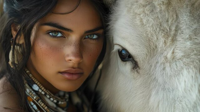 Close up portrait of a beautiful native american woman and a white bison, the White Buffalo Calf Woman Lakota Sioux goddess