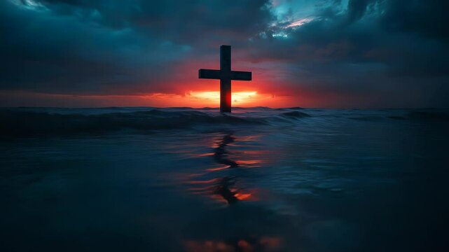 Christian cross arise in the middle of calm ocean, cross standing at sea, symbolizing patience, peace, and faith