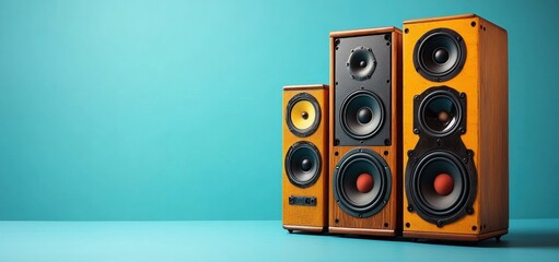 Retro Wooden Speakers on Teal Background: A Vintage Audio Setup