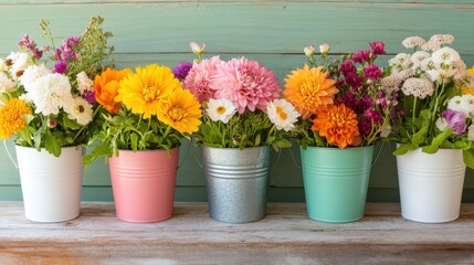 Fototapeta premium Colorful flower pots lined on a shelf, vibrant blooms in pastel containers, perfect for home decor or floral arrangements.